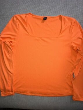 SHEIN Orange Ribbed Square Neck Long Sleeve Top